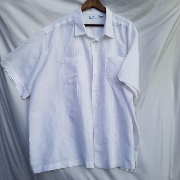 Cafe Luna Mens 3XL White Linen Blend Shirt Short Sleeve  Pintuck Pockets - Picture 1 of 7